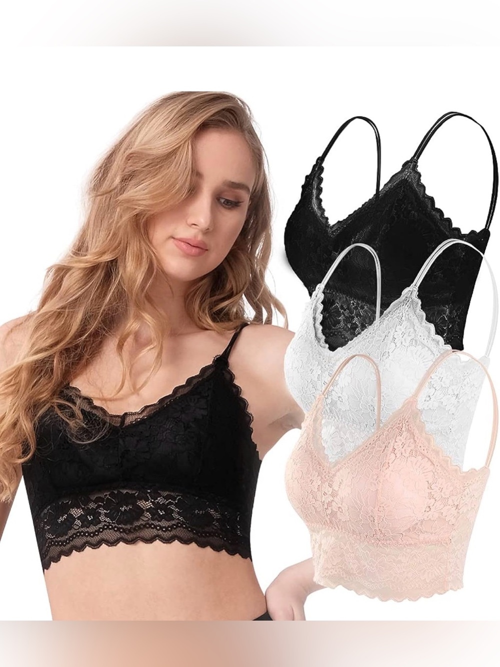 MANCYFIT Lace Bralettes for Women Padded Lace Bandeau Bra Cami Bra 3 Pack L